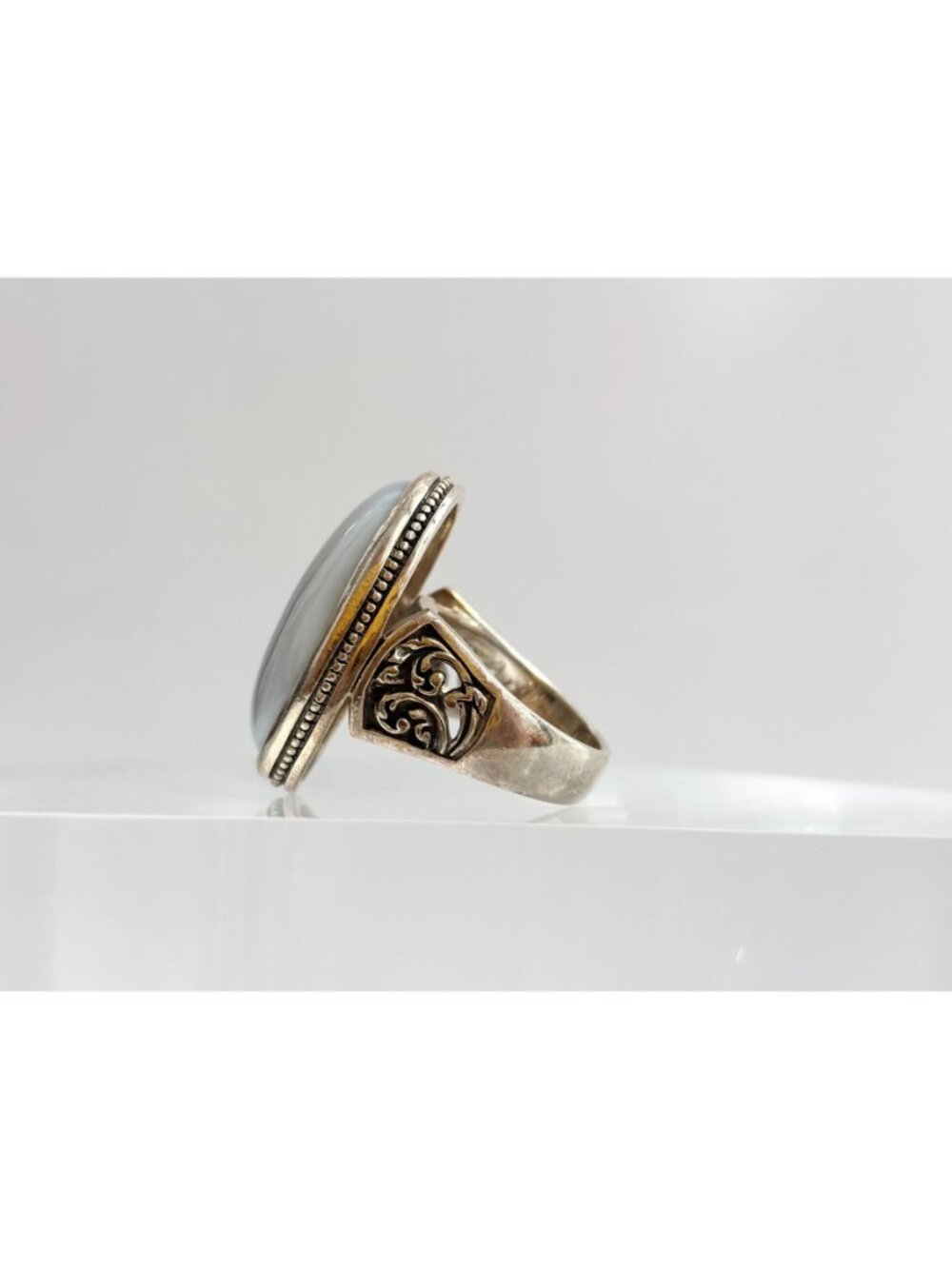 Grey Banded Agate Polished Cabochon Sterling Silver 925 Vintage Ring - sz 8 - Picture 7 of 16